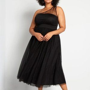 NWT Modcloth Mesh Dot Tulle Night Long Black 1 Shoulder Formal A-Line Midi Dress